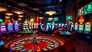Players enjoying roulette and slot machines at a bustling casino, featuring the vibrant atmosphere of https://shbets.net/.