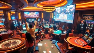 A vibrant casino scene showing players at roulette and poker tables, showcasing the excitement of betting at https://78winone.com/.