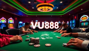 "Experience VU88's thrilling poker game with engaged players and colorful chips in a lively casino atmosphere."