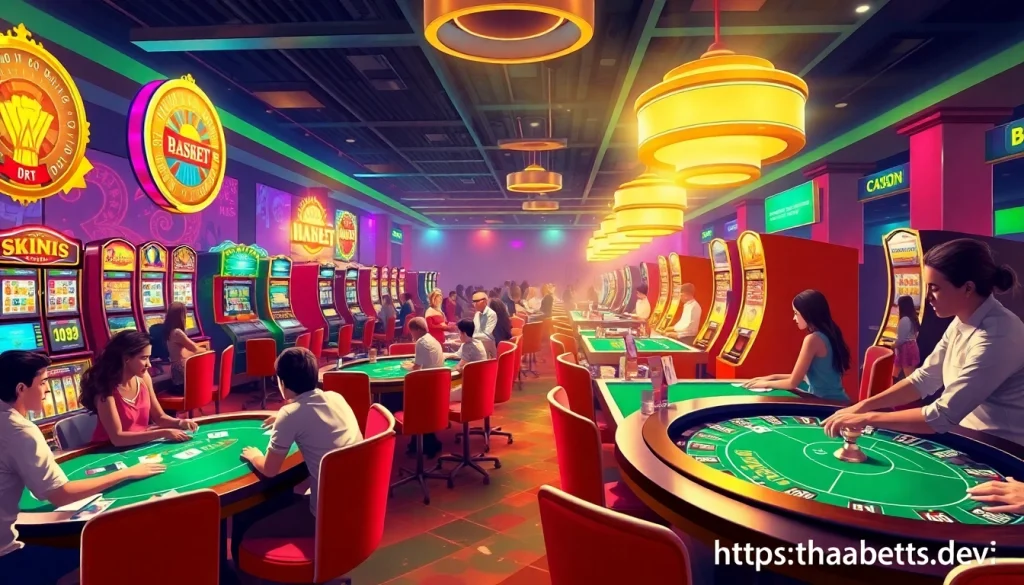Experience the thrill of winning at the casino with https://thabetcom.dev/, showcasing vibrant slot machines and excited players at the tables.