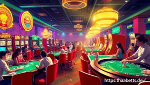 Experience the thrill of winning at the casino with https://thabetcom.dev/, showcasing vibrant slot machines and excited players at the tables.