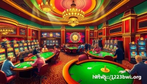 A thrilling scene at a casino with players at tables and slot machines, showcasing the entertainment on https://123bvi.org/.