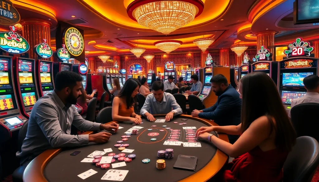 Exciting scene of players engaged in poker and roulette at a luxurious casino, highlighting debet branding on gaming slips.