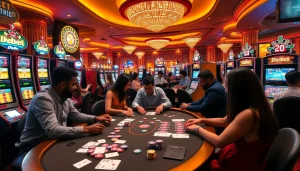 Exciting scene of players engaged in poker and roulette at a luxurious casino, highlighting debet branding on gaming slips.