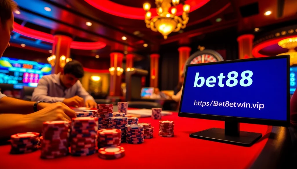 Experience high-stakes excitement at https://bet88win.vip/ with players at a poker table surrounded by thrilling casino lights.