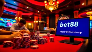 Experience high-stakes excitement at https://bet88win.vip/ with players at a poker table surrounded by thrilling casino lights.