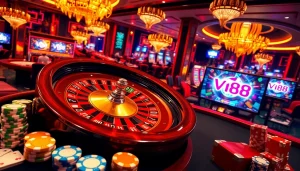 Experience the thrill of winning at VU88 with a vibrant casino scene showcasing roulette, poker chips, and exciting gameplay.