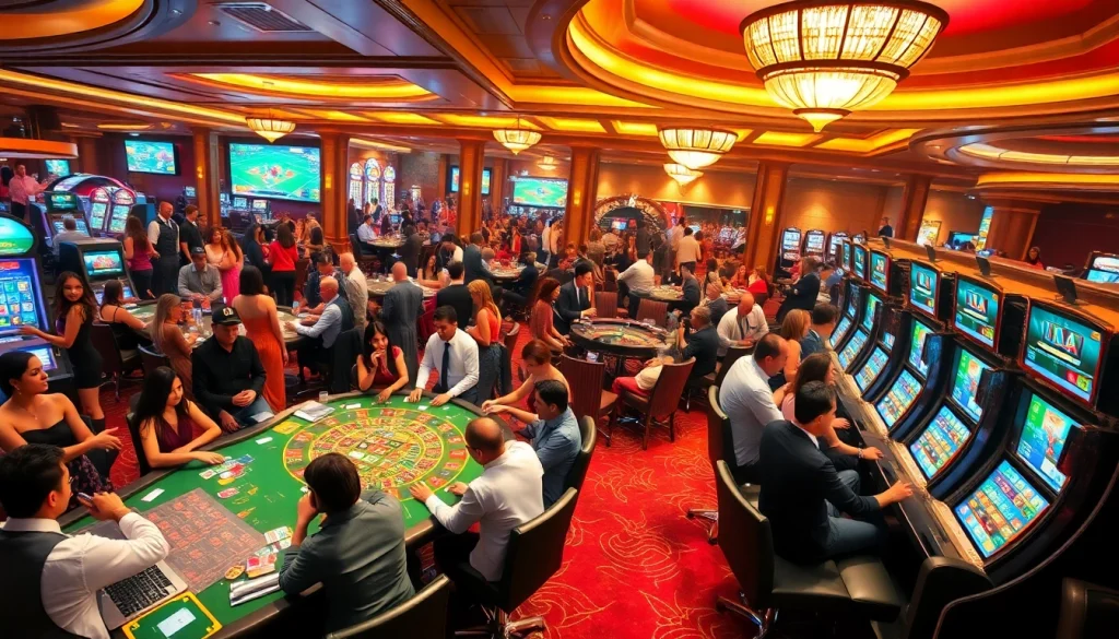 A thrilling casino scene capturing players engaged at tables and slot machines, representing the excitement of https://kubetlove.com/ gambling.
