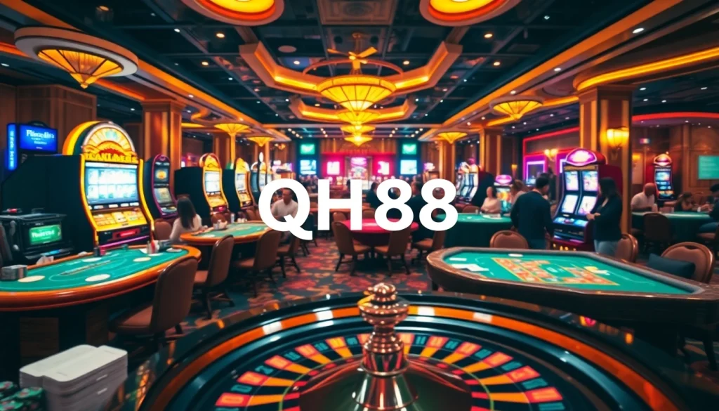 Experience the thrill of betting at QH88's dynamic casino gaming floor with vibrant tables and exciting players.