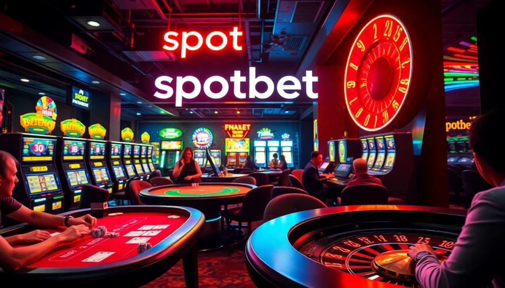 Spotbet showcases an electrifying casino atmosphere, featuring gaming tables and vibrant slot machines pulsating with life.