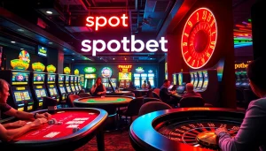 Spotbet showcases an electrifying casino atmosphere, featuring gaming tables and vibrant slot machines pulsating with life.