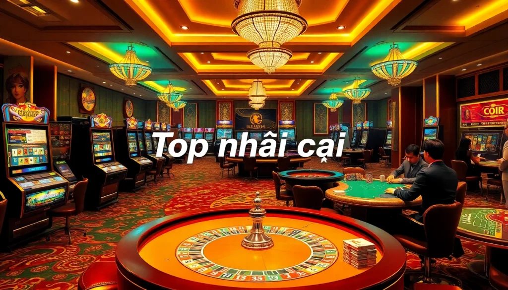 Top nhà cái highlight: Enthusiastic players enjoying luxurious casino tables adorned with vibrant poker chips and cards.