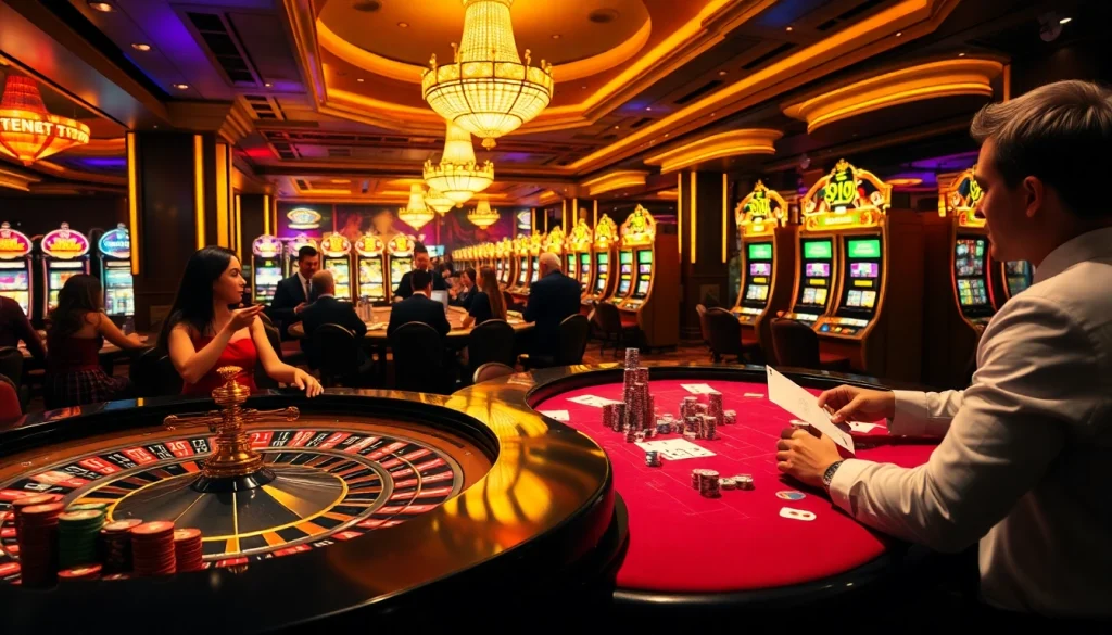 Explore the excitement of gambling at https://32win.army/ with players enjoying vibrant table games and sleek slot machines.