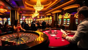 Explore the excitement of gambling at https://32win.army/ with players enjoying vibrant table games and sleek slot machines.