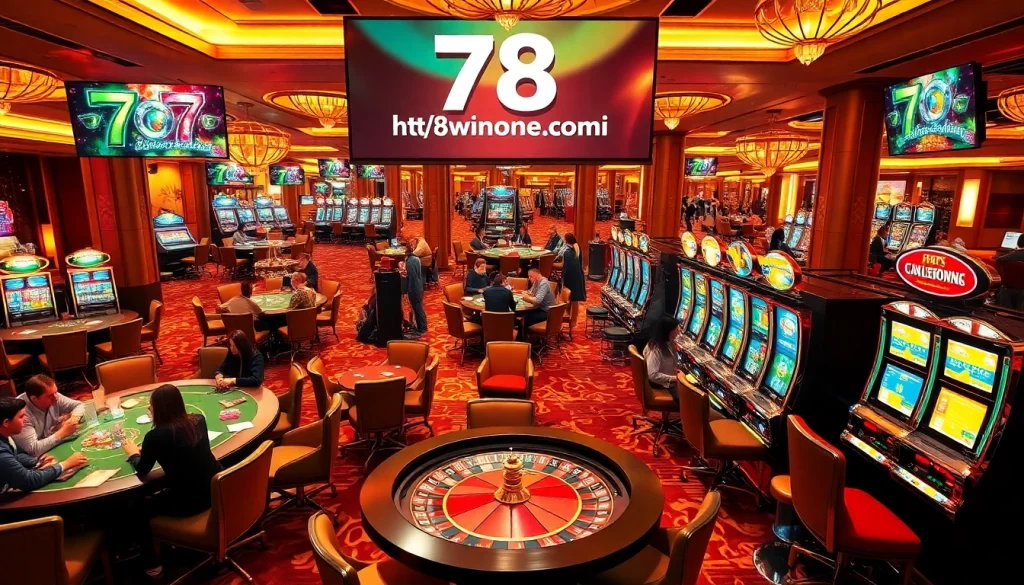 Experience the excitement of gambling at 78winone.com with a casino scene showcasing poker tables and a roulette wheel.