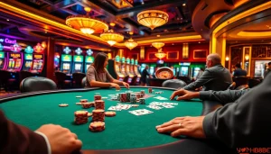 Explore the thrill of gambling at https://hb88bet.biz/ with players engaged in poker amidst a vibrant casino setting.