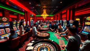 Experience top nhà cái uy tín with gamblers at a vibrant casino, showcasing poker games and lively slot machines.