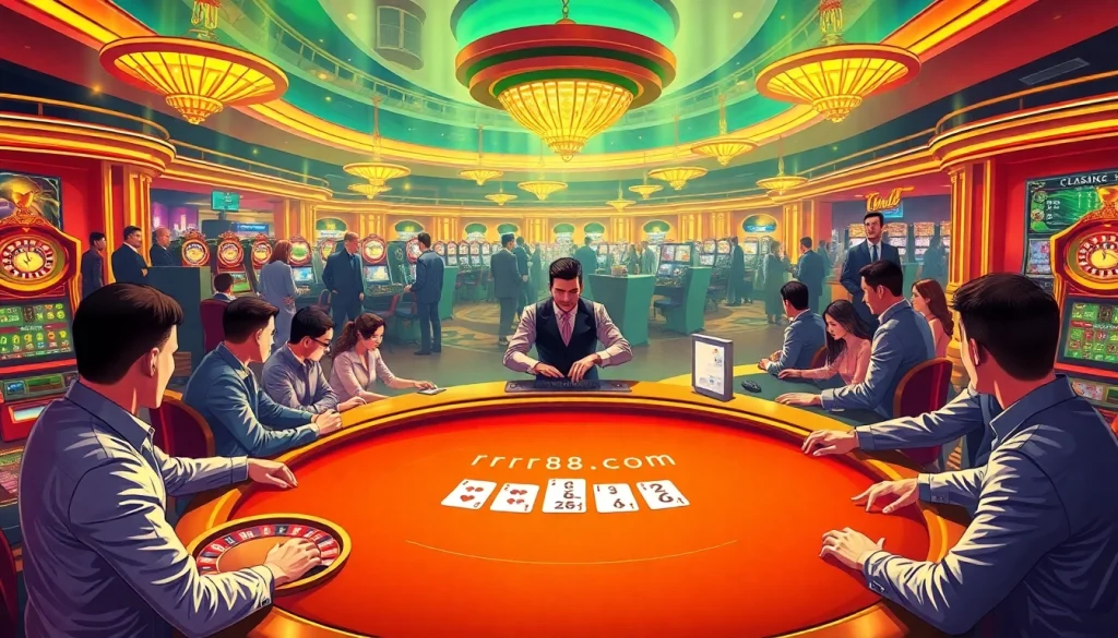 Experience the thrill of gambling at rr88 com with players enjoying an exciting blackjack game surrounded by vibrant casino lights.