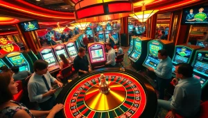 Experience thrilling gameplay at https://nohu90g.com with immersive roulette and slot machines illuminated by vibrant lights.