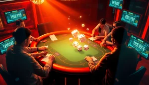 Xóc đĩa online action at a digital casino table with animated dice for an immersive gaming experience.