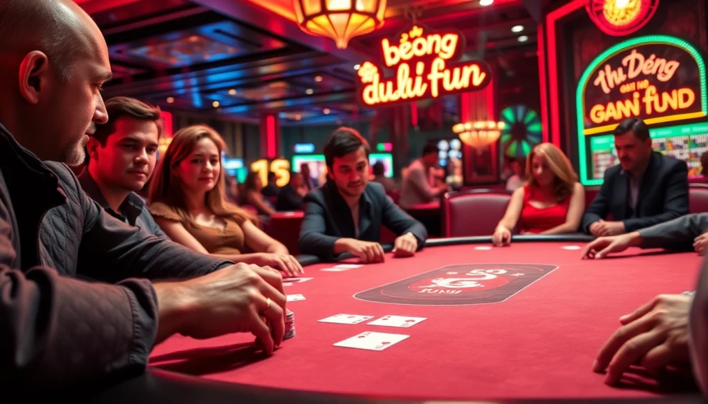 Experience bong da lu fun at a lively poker table, showcasing intense players, high-stacked chips, and thrilling action.
