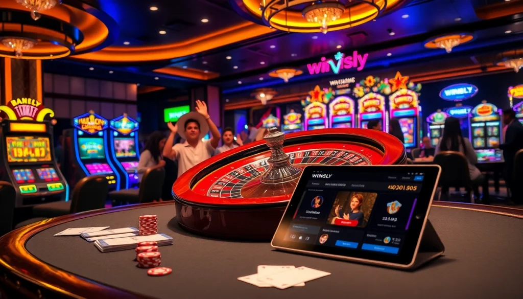 Winsly players engaging in a thrilling roulette game at a vibrant casino, showcasing excitement and potential winnings.