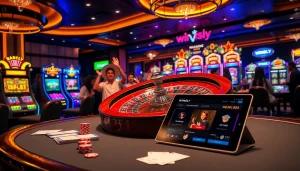 Winsly players engaging in a thrilling roulette game at a vibrant casino, showcasing excitement and potential winnings.