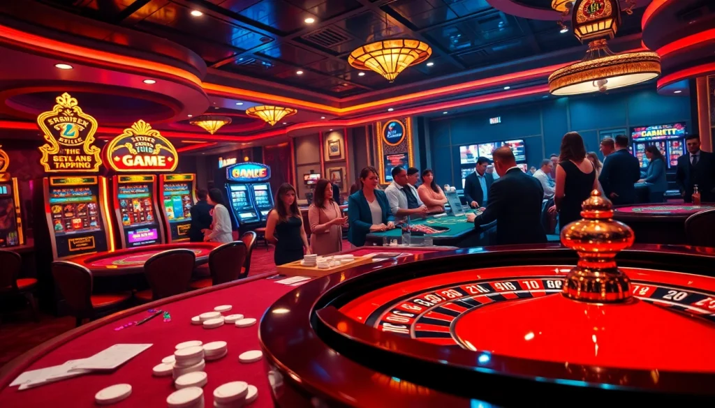 Experience high stakes with game bài đổi thưởng at an exciting casino featuring poker tables and vibrant slot machines.