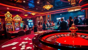 Experience high stakes with game bài đổi thưởng at an exciting casino featuring poker tables and vibrant slot machines.