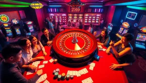 Experience the thrill of kèo nhà cái at this vibrant casino scene featuring excited players at roulette, poker, and slot machines.