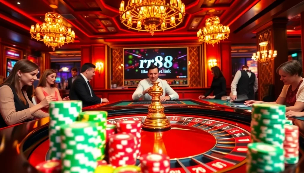 The rr88 link showcases a lively casino environment where players engage in thrilling games, highlighting excitement and strategy.