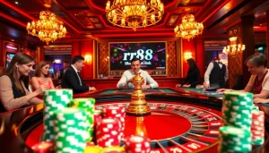 The rr88 link showcases a lively casino environment where players engage in thrilling games, highlighting excitement and strategy.
