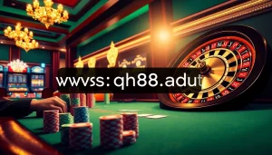 Explore exciting gambling at https://qh88.adult/ featuring a vibrant poker table scene with colorful chips and intense players.