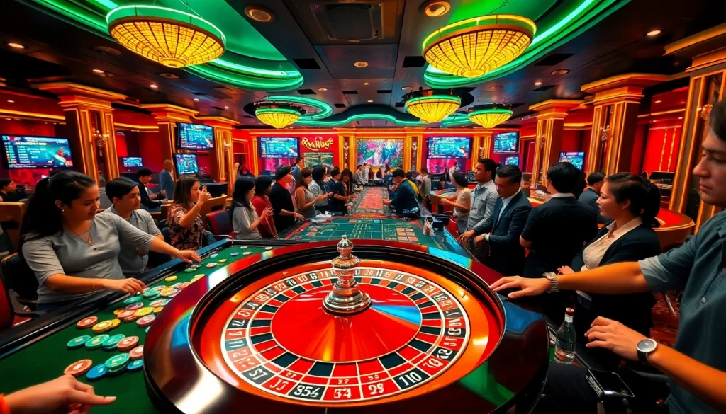 Exciting gambling scene at rr88 com casino with a roulette table and eager players.