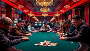 Experience the thrill of betting at https://98winning.com/, featuring players at a poker table surrounded by chips and cards.