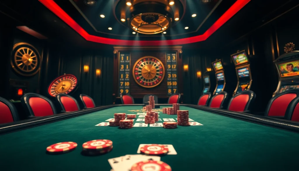 Engaged players betting on เสือมังกร at a vibrant casino table, showcasing luxurious poker chips and illuminated cards.