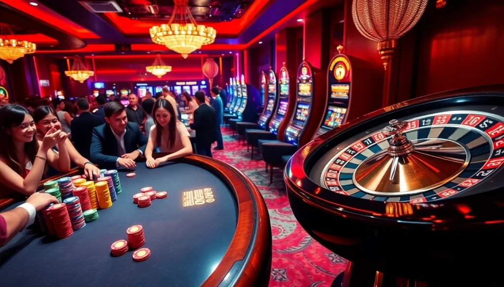 Experience the excitement at https://98winning.com/, as players gather around a vibrant poker table surrounded by slot machines and roulette wheels.