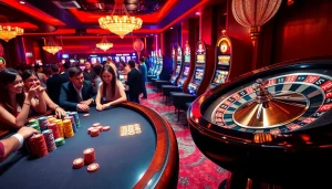Experience the excitement at https://98winning.com/, as players gather around a vibrant poker table surrounded by slot machines and roulette wheels.