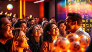 Lottery players eagerly awaiting results around a vibrant display board, capturing excitement and hope.