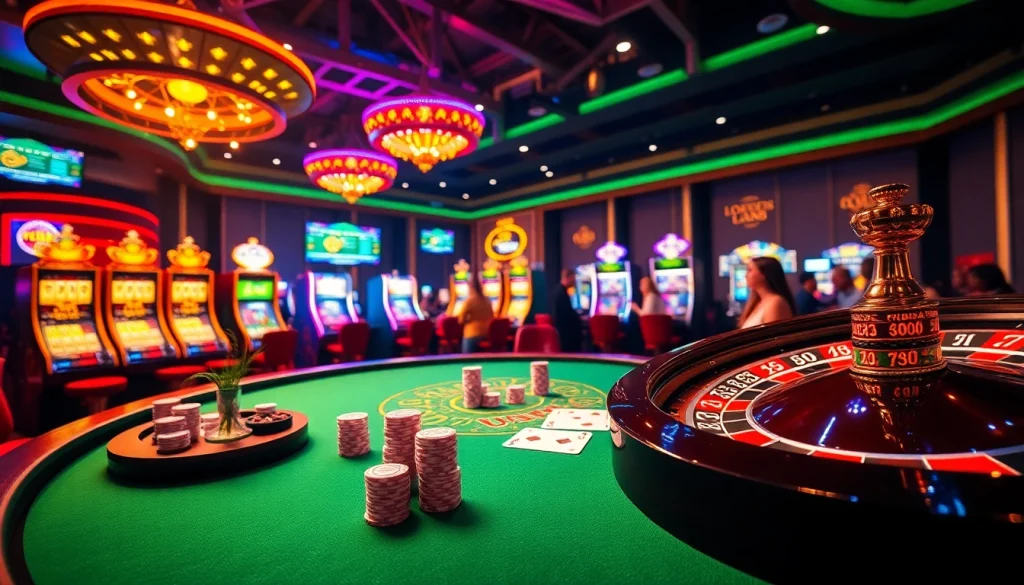Experience the thrill of gambling at the casino with action from bong da lu fun, featuring poker chips, cards, and a roulette wheel.