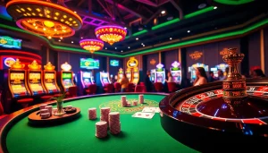 Experience the thrill of gambling at the casino with action from bong da lu fun, featuring poker chips, cards, and a roulette wheel.