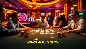 Experience the thrill of betting at nhà cái GOAL123 with a vibrant poker game in a luxurious casino setting.