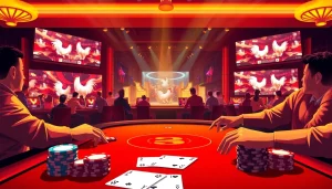 Exciting scene of BJ88 đá gà amidst thrilling casino action with poker chips and live betting dynamics.