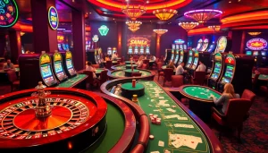Alo789 casino gaming scene with roulette, poker tables, and action-packed thrills.