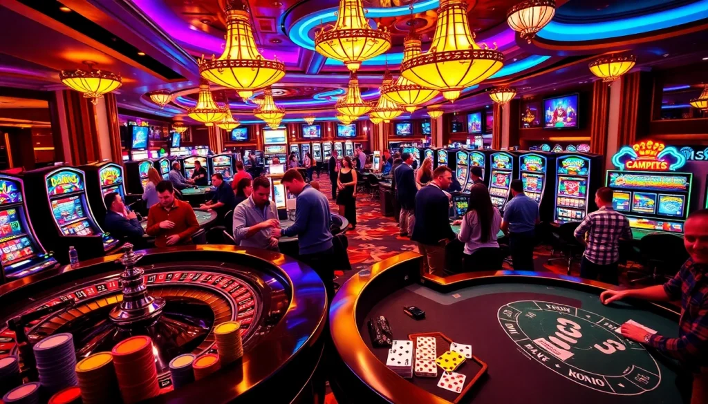 Experience the thrill of casino games at https://tylekeouytin.com/ with vibrant roulette tables, poker chips, and lively players engaged in action.