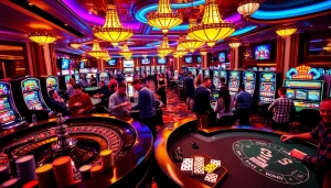 Experience the thrill of casino games at https://tylekeouytin.com/ with vibrant roulette tables, poker chips, and lively players engaged in action.