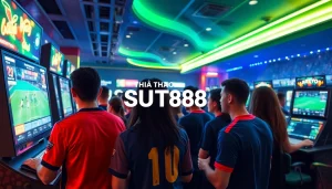Experience the exciting world of sports betting at THỂ THAO SUT88, showcasing digital betting terminals and live sports events.