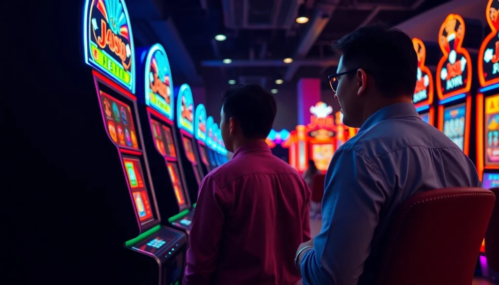 Pemain mesin slot gacor beraksi di kasino modern yang cerah.