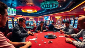 Experience the thrill of "da ga thomo" at a bustling casino poker table, where strategic players engage in high-stakes betting.