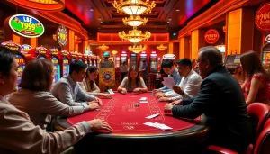 Players enjoying the Y999 Game at an exciting poker table in a lively casino atmosphere.